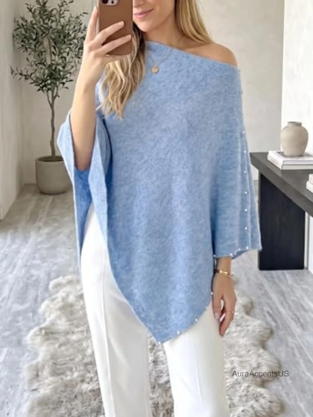 Women's Knitted Poncho Shawl Sweater Pearl Trim Lightweight Cape